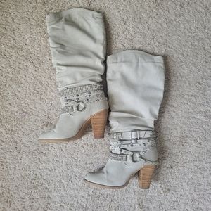 Not Rated Bedazzled Cream Heeled Boots Size 8